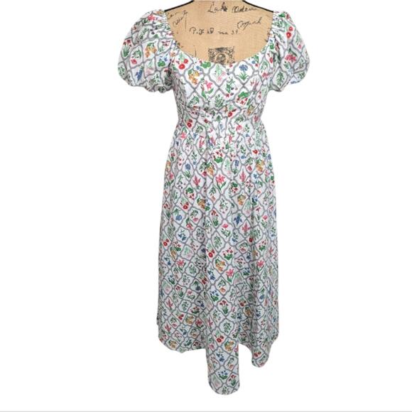 Anthropologie X Moon River Puff Sleeve Corset Midi Dress Ivory Multi Floral Med - Picture 3 of 11